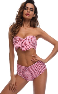 F4683-3  Two Pieces Grid Bow Tie Bikini Sets(Pink)
